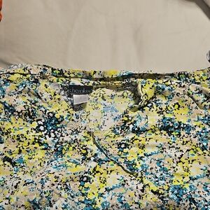 Cherokee Blue and Yellow Patterned Scrub Top